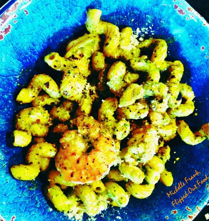 Shrimp Pesto Cavatappi in a blue bowl.