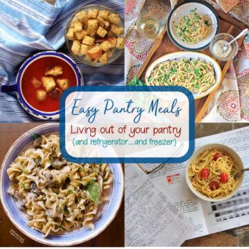 Sample Easy Pantry Meals (clockwise): Vegan Pantry Tomato Soup, Pantry Linguine with Clam Sauce, Healthy Dorm-Room Microwave Pasta, and One-Pot Ground Beef Stroganoff.