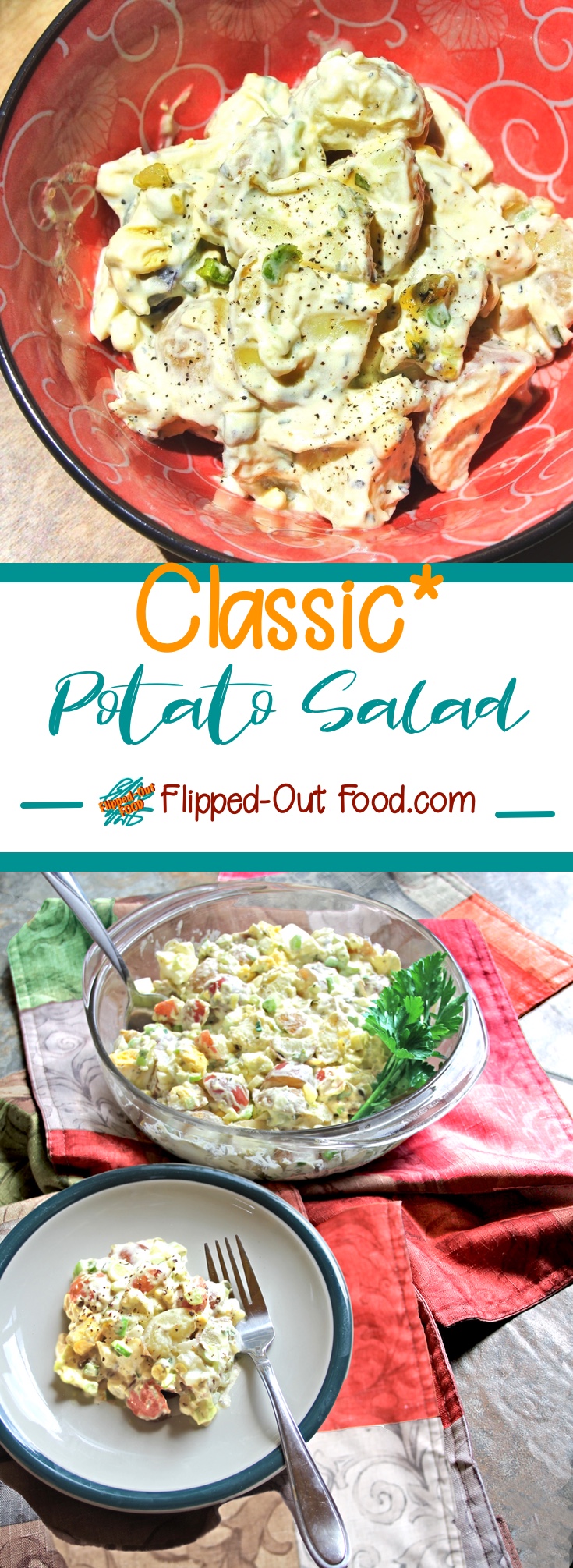 Classic potato salad is a delicious spin on the traditional mayo-based potato salad recipe, complete with flavoring hacks to make sure that the potatoes are well-seasoned. #potluckfood #potatosalad #cookoutfood #fourthofjulyfood #memorialdayfood #picnicfood @FlippedOutFood