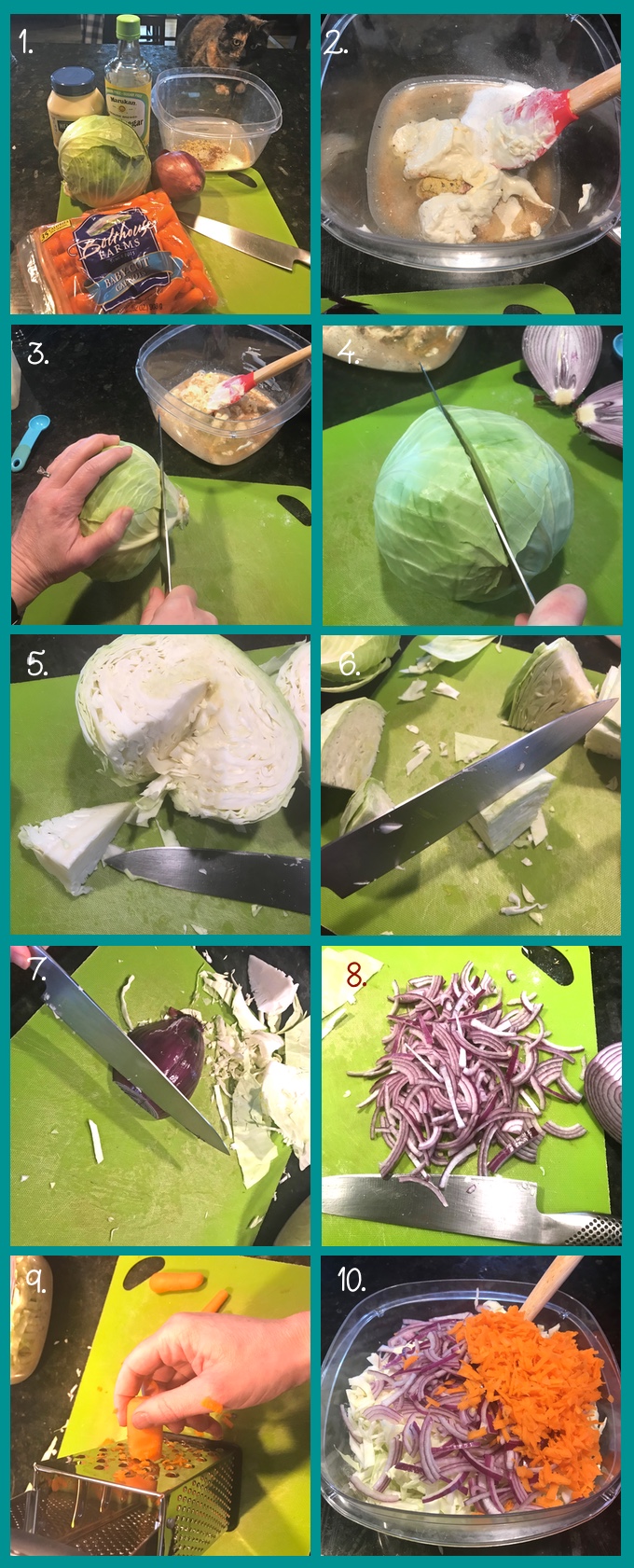 Preparing Easy, Zippy Coleslaw. 1. The ingredients: rice vinegar, mayonnaise, seasonings in a plastic storage container (celery salt, onion powder, paprika, dry mustard, salt, freshly ground black pepper, and Splenda), red onion, baby carrots, and a head of cabbage. In the foreground, a cutting board and knife. In the background, a frequent photobombing feline. 2. Mixing the dressing in the bowl. 3. Prepping the cabbage: slicing off the root end. 3. Prepping the cabbage: laying the cabbage on the cut side and slicing in half. 5. Prepping the cabbage: removing the core. 6. Prepping the cabbage: cutting the half-head into sections and slicing into thin shreds. 7. Prepping the onion: cut the onion in half through the root, slice down the middle, and make thin slices across the center cut. 8. The finished sliced onion. 9. Grating the baby carrots. 10. Mixing the ingredients in the bowl (fold everything together, then tightly lid the container and shake well).