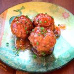 Sweet Zingy Asian Meatballs on beautiful appetizer plate