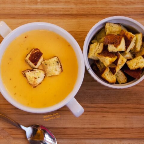 Beer Cheese Soup with Pretzel Croutons
