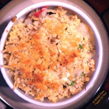 one-pot turkey tetrazzini with breadcrumbs in an individual ramekin