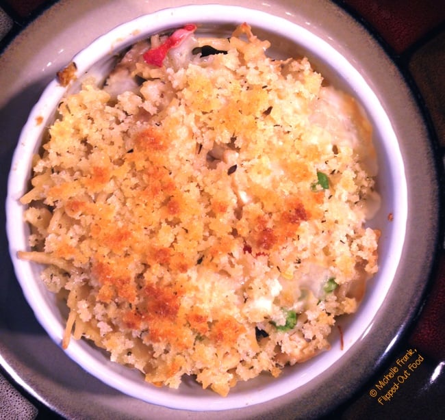 one-pot turkey tetrazzini with breadcrumbs in an individual ramekin