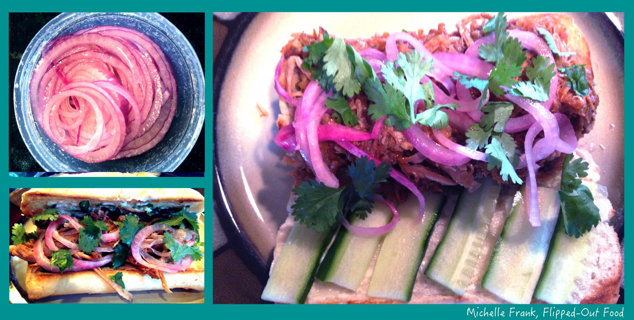 crockpot banh mi sandwiches: the pickled red onion, open-faced, and ready-to-eat.