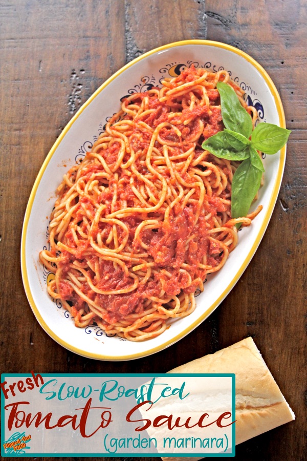 An easy recipe for Slow-Roasted Tomato Sauce. Great over pasta, or as the base for Bolognese Sauce. Freezes well for an easy meal anytime! Also known as a fresh or garden marinara sauce. #italianfood #marinarasauce #tomatosauce #flippedoutfood #healthyeating #gardentomatosauce