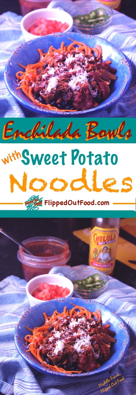 My enchilada bowls are a healthy, fast meal that pairs sweet potato noodles with black beans, smoky enchilada sauce, your choice of meat, & cotija cheese.