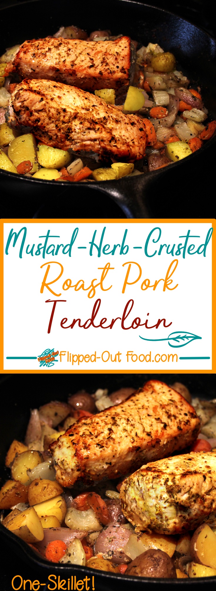 One-Skillet Mustard-Herb-Crusted Roast Pork Tenderloin with Root Vegetables is done in under an hour, making it quick and easy enough for a weeknight!
