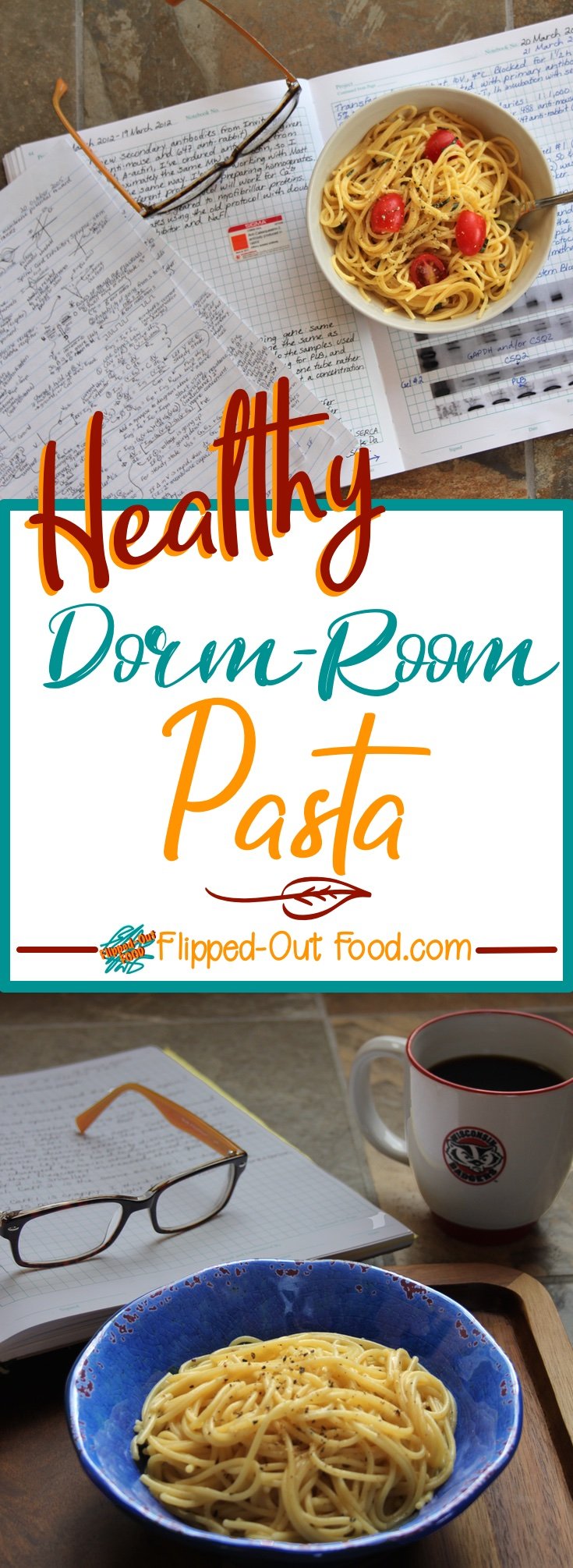 Healthy Dorm-Room Microwave Pasta only takes a microwave and a microwave-safe pasta cooker. Done in <10 minutes, it could also be called