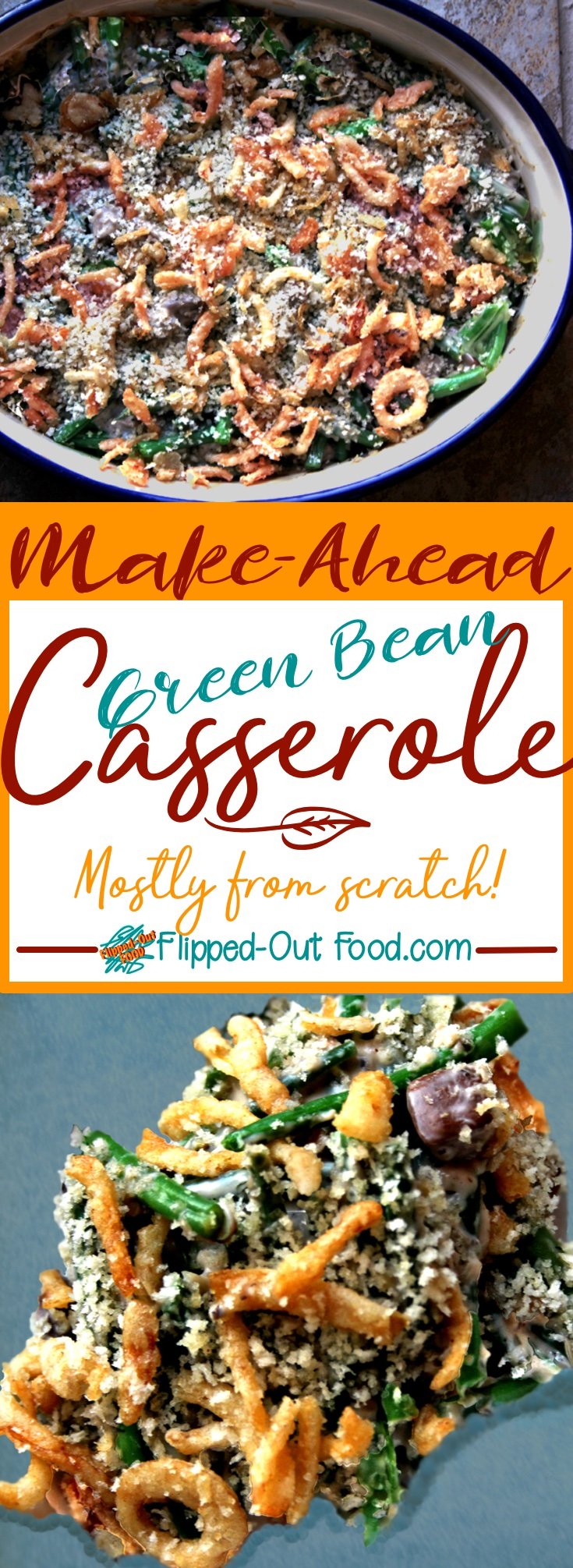 Make-Ahead Green Bean Casserole is made with fresh green beans and a homemade cream-of-mushroom soup that is delicious enough to be eaten on its own.