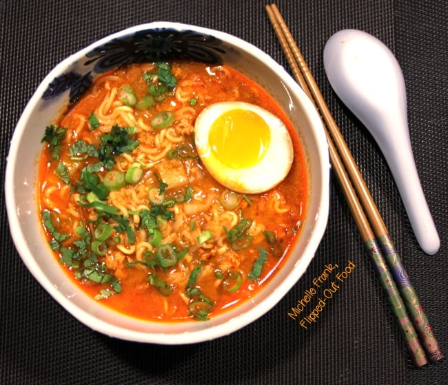 Example easy pantry meal: pork-miso ramen soup with soy-marinated egg top view. This is the soup that all ramen noodles want to be when they grow up! #ramennoodles #ramennoodlesoup #asianfood @FlippedOutFood