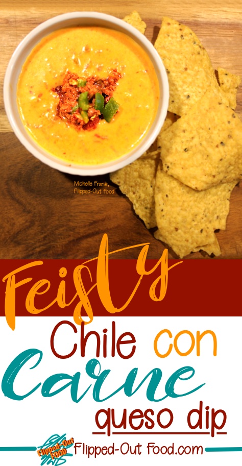 Feisty Chile con Carne Queso Dip is an addicting snack for parties. It's cheesy, spicy, and full of taco-ey beef goodness. BONUS: a roundup of my party snack faves!