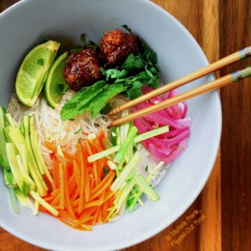 Meal-prep Meatball Vietnamese Noodle Bowls sample serving with chopsticks