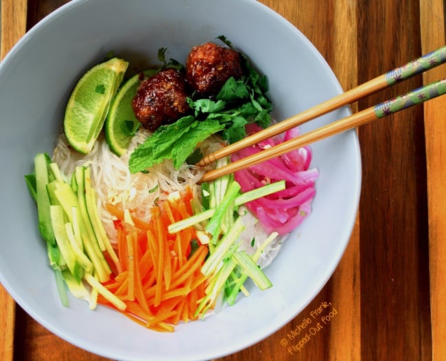 Overhead view of a Bun Cha Vietnamese Noodle Bowl serving with chopsticks