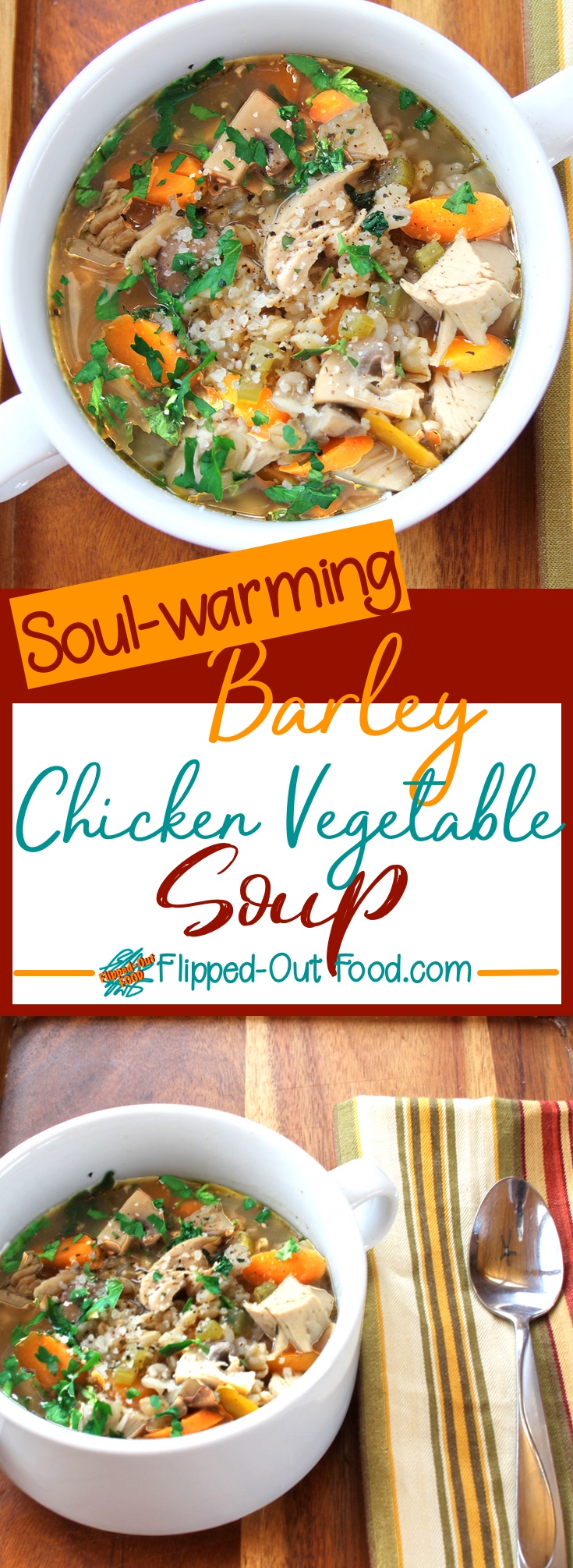Barley Chicken & Vegetable Soup is just what the doctor ordered for a warm-up on cold days. Since the soup starts with cooked chicken, it can be done in just about an hour—just be sure to soak the barley overnight. OR, use my suggested modifications to make the soup in your slow-cooker. #comfortfood #cleaneating #healthyeating #barleysoup #chickensoup #crockpot #slowcooker
