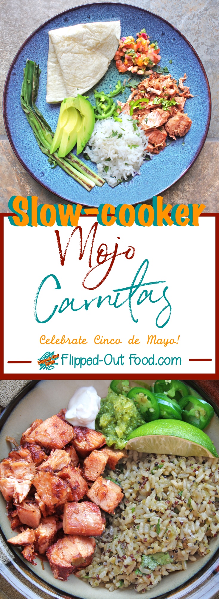 Slow-Cooker Mojo Carnitas are an easy weeknight meal, but flashy enough for a weekend dinner party. Great for serving buffet-style to a crowd! #carnitas #mexicanfood #slowcooker #crockpot #partyfood #cincodemayo