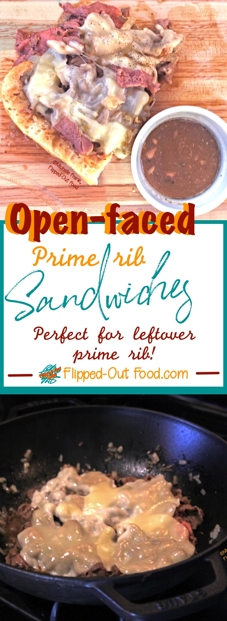 Open-Faced Prime Rib Sandwiches: the perfect way to use up leftover Prime Rib! The meat is mixed with caramelized onions, then provolone cheese melts on top. #leftovers #primeribsandwiches #pubfood