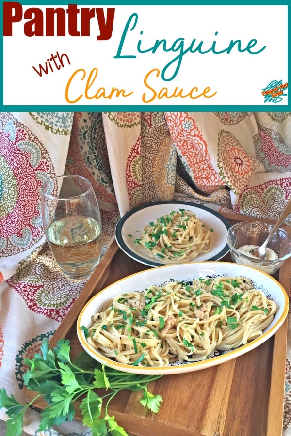 Pantry Linguine in Clam Sauce may just be the foxiest meal to emerge almost entirely from your pantry. Done in just about 20 minutes, this is one of my favorite dishes for Date Night when times are busy! #pasta #italianfood #pantrydinner #easydinner #datenight #romanticfood