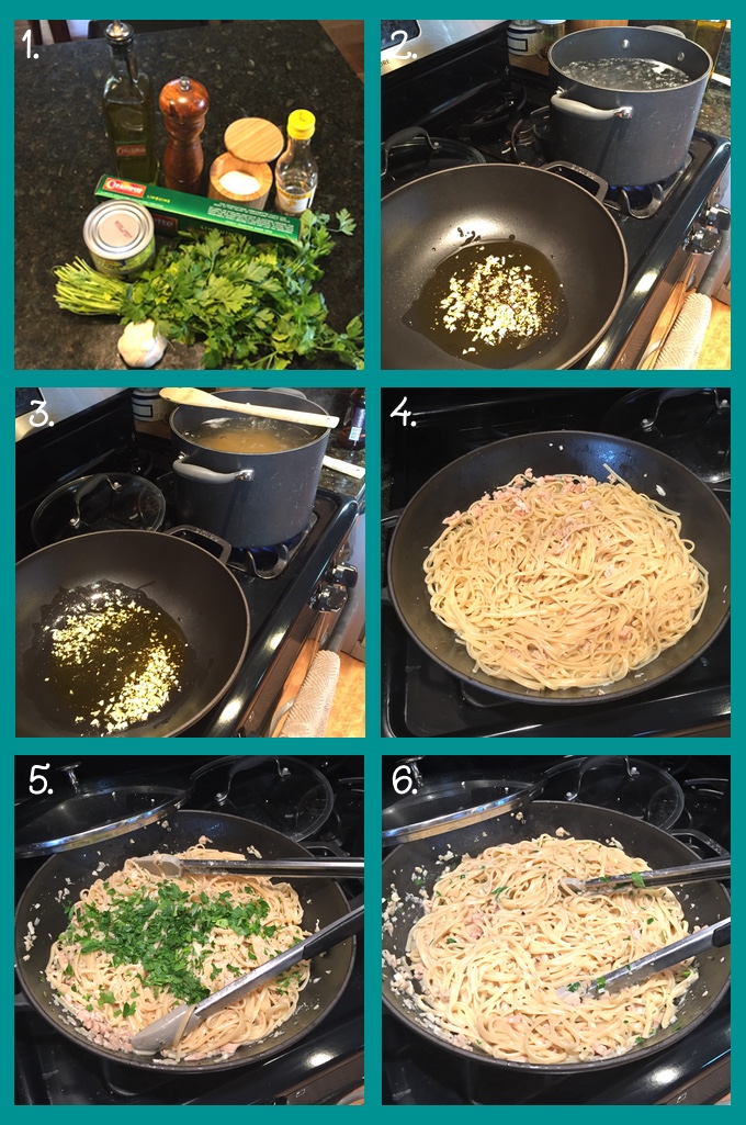 Preparation steps for making Pantry Linguine in Clam Sauce. 1. ingredients; 2. sauteeing the garlic in olive oil with pepper flakes; 3. reducing the wine while the pasta finishes boiling; 4. the linguine finishes cooking in the skillet with the wine sauce, clams, and clam juice; 5. adding parsley; 6. tossing everything to combine before serving with more parsley, black pepper, and Romano cheese. via @FlippedOutFood