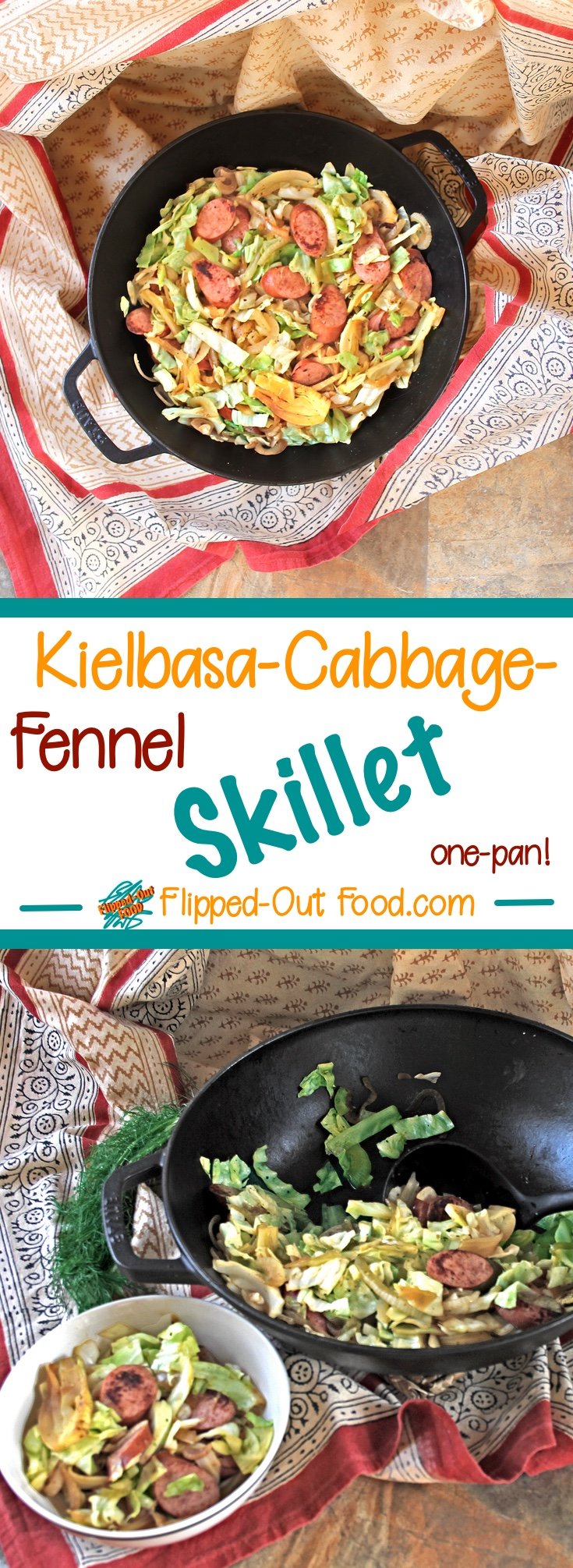 Kielbasa-Cabbage-Fennel Skillet is an easy, healthy meal that's perfect for weeknights. Meal-prep the ingredients in advance for a lightning-fast dinner! This skillet is so loaded up with healthy vegetables that you don't need to serve it with rice—you won't miss the carbs! #onepanmeal #skilletdinner #onepot #onepan #cabbage #kielbasa #fennel #onion #lowcarb #mealprep