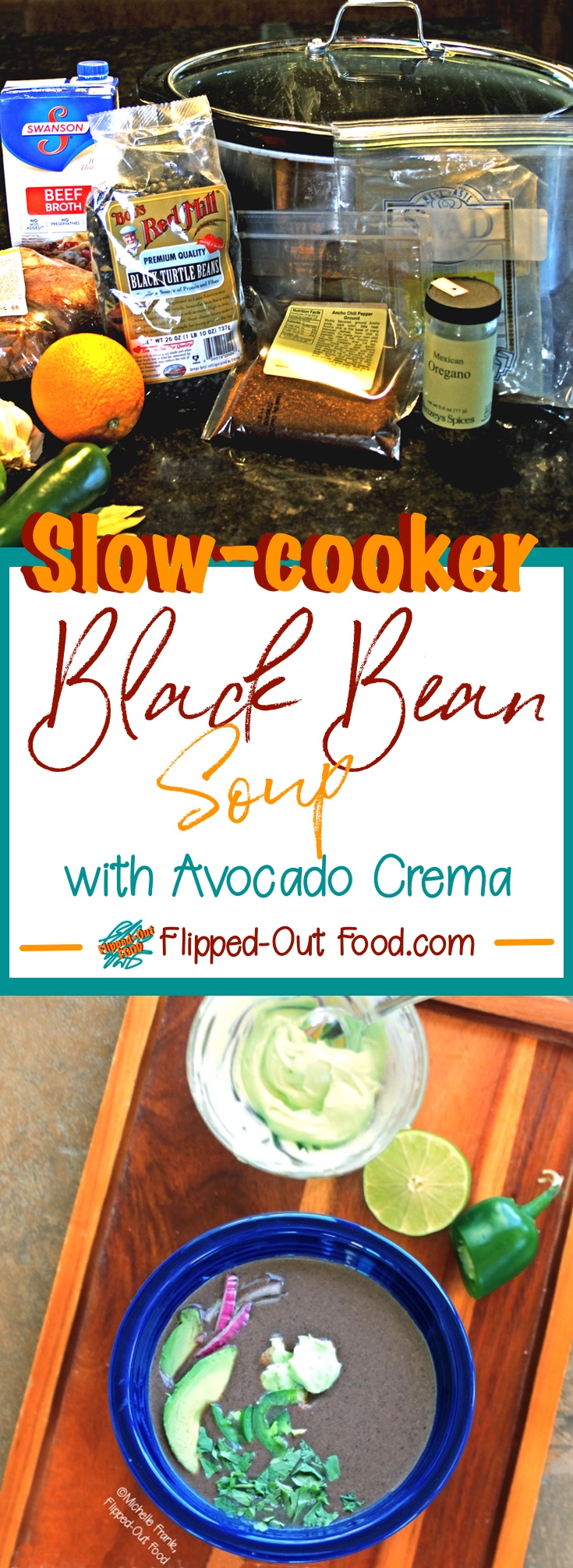 Slow-cooker Black Bean Soup with Avocado Crema is an easy meal that lets your #crockpot do most of the work. The avocado crema adds a lovely, mild tanginess. A perfect lunch, light dinner, or side-dish. #ad #mexicanfood #slowcooker #blackbeans @bobsredmill