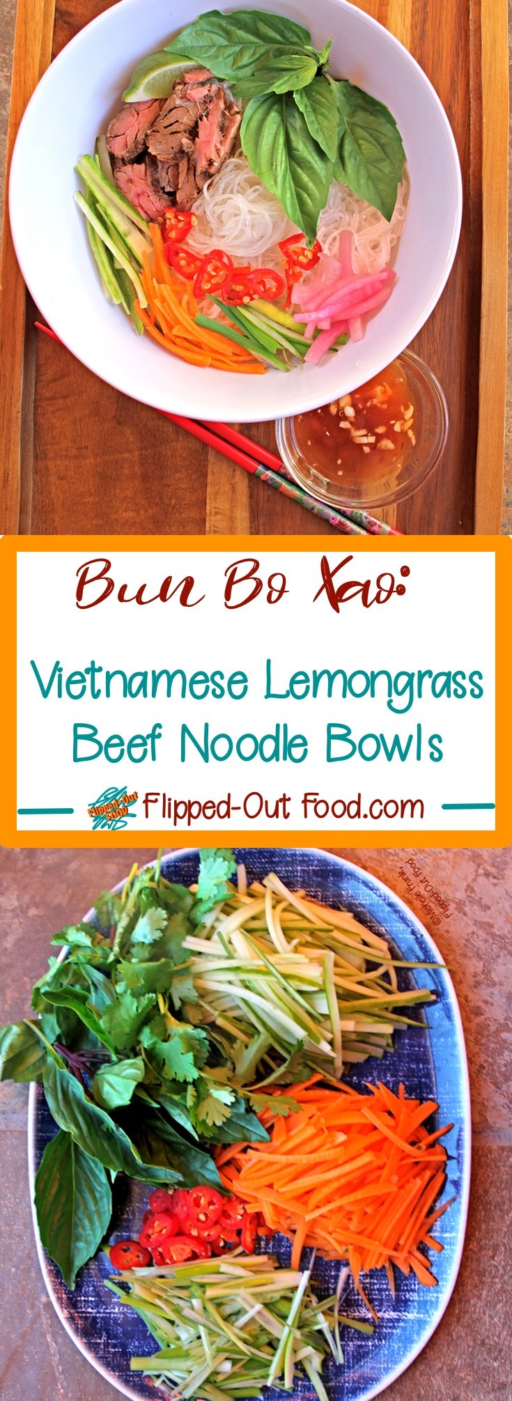 Vietnamese Lemongrass Beef Noodle Bowls, also known as Bun Bo Xao, are a perfect meal for hot summer days. The noodles are eaten at room temperature with fresh vegetables, herbs, and a splash (or glug) of nuoc cham. The steak can be added hot from the skillet, chilled, or at room temperature. #bunbowl #vietnamesefood #bunboxao #healthyfood #healthyeating #coldnoodlesalad