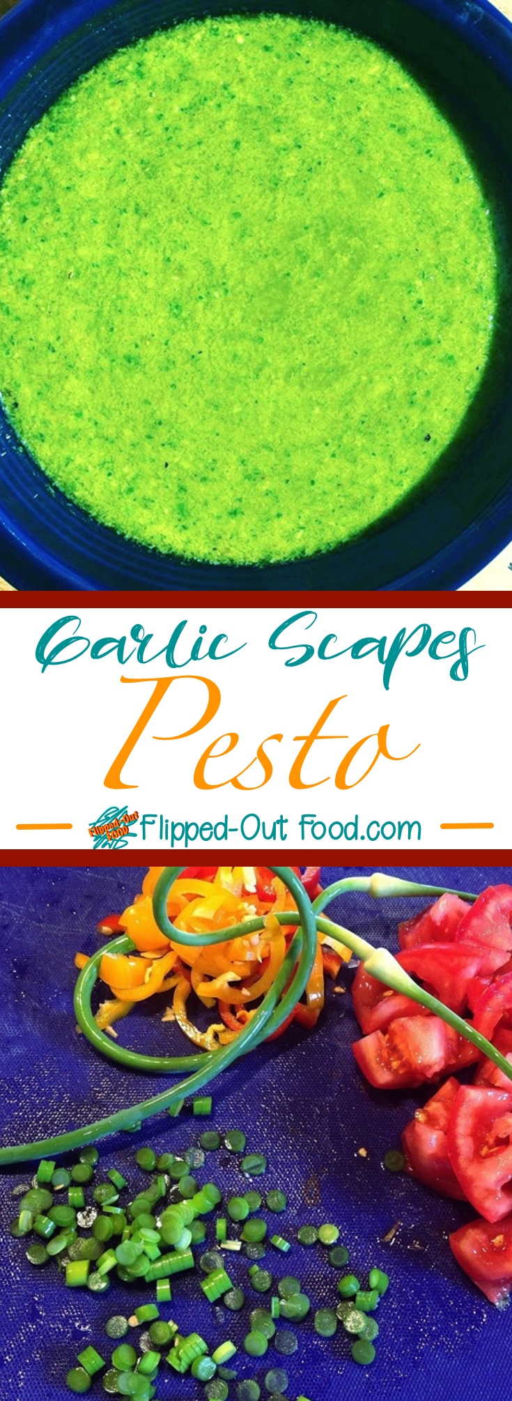 Garlic Scapes Pesto is a delicious, verdant sauce that's perfect on pasta or for topping soups, dipping bread—and much more. A great seasonal riff on classic pesto. #italianfood #seaonalfood #garlicscapes
