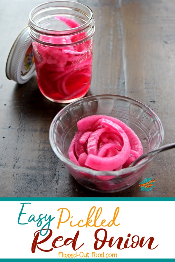 Easy Pickled Red Onion is a fantastic condiment for a variety of dishes, from Mexican to Asian cuisine and everything in between! Quickly zapped in the microwave, you can store this garnish in a refrigerated container for several weeks. #condiment #relish #garnish #flippedoutfood @FlippedOutFood