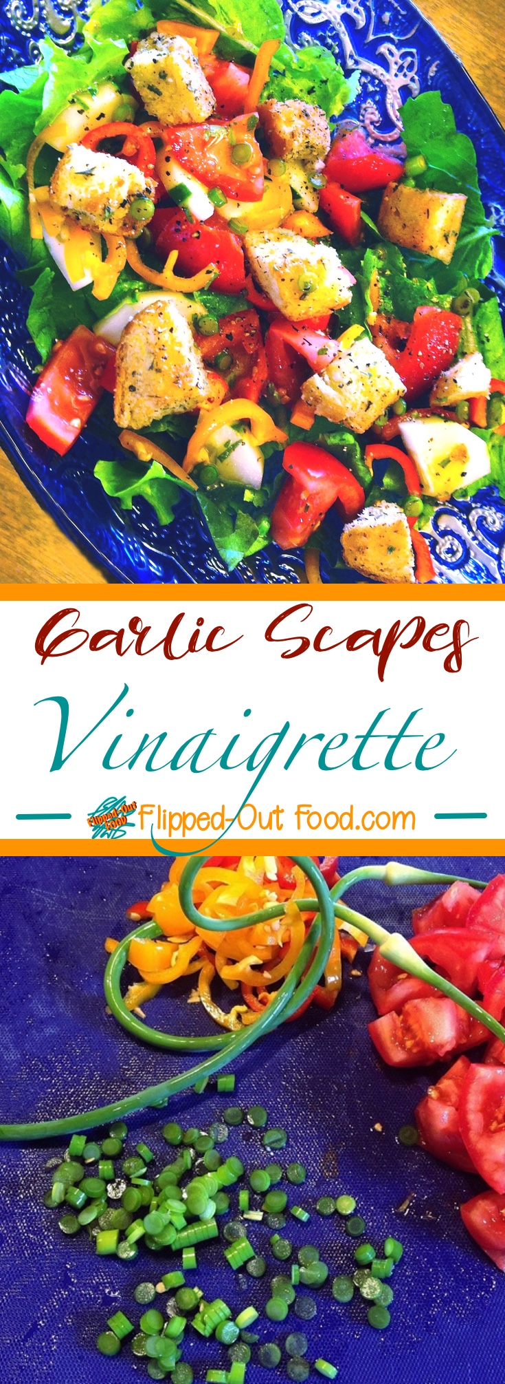 This kicked-up version of mustardy red wine vinaigrette gains a whole new level of complexity from the addition of garlic scapes. Simply mix in a jar! #vinaigrettedressing #garlicscapes #healthyeating #salad #flippedoutfood @FlippedOutFood