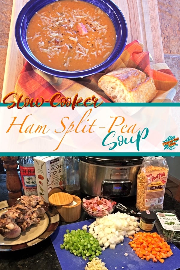 Crockpot Ham Split-Pea Soup is an easy weeknight meal with a bit of quick prep. Leftovers freeze well for an even easier weeknight meal down the road. #slowcooker #splitpeasoup #flippedoutfood #healthyeating