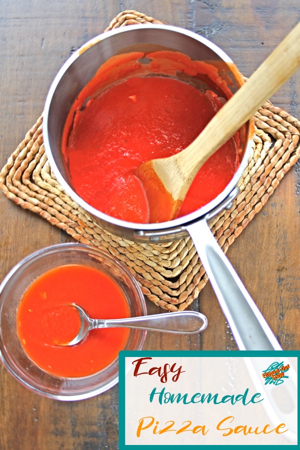 Easy Homemade Pizza Sauce: put it on your homemade or store-bought pizza dough, French bread, naan, or pita bread with mozzarella and your favorite toppings for a fun, kid-friendly meal! #pizzasauce #pizza #homemadepizza #flippedoutfood #kidfriendly via @FlippedOutFood via @FlippedOutFood