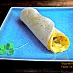 Green Chile Frittata Wraps: this photo shows a side view on a square, blue plate.