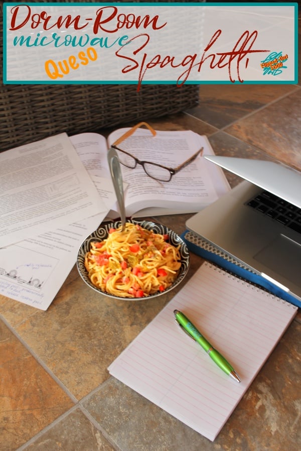 Dorm-Room Microwave Queso Spaghetti involves just a few ingredients and is done in under 15 minutes. Creamy, spicy, and delicious—and perfect for dorm rooms, office cubicles, or anywhere that kitchen space is at a premium. Plus, gift ideas for the dorm-room foodie! #dormroomcooking #flippedoutfood #collegecooking #pasta #foodwithoutborders #comfortfood #microwavecooking