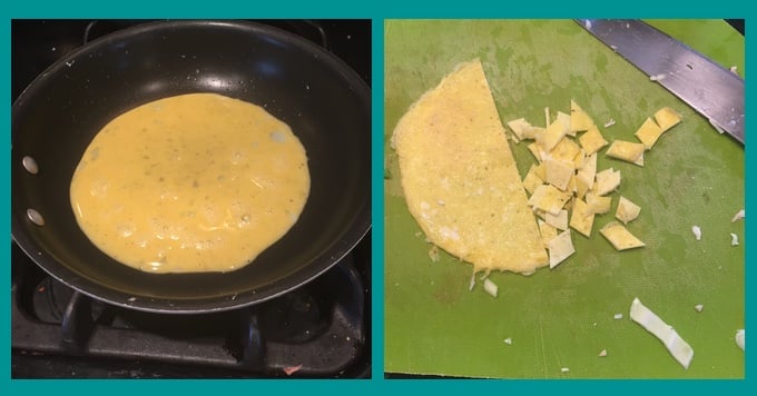 Leftover vegetable fried rice: preparing the egg. I like to make a thin omelette in a skillet and then cut it into bite-sized chunks.