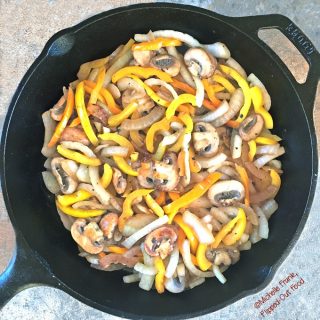 Skillet Pepper-Mushroom-Onion Stir-Fry: a quick, easy side dish! #sidedish #healthyeating #flippedoutfood #stirfry #peppers #mushrooms #onions #recipe via @FlippedOutFood