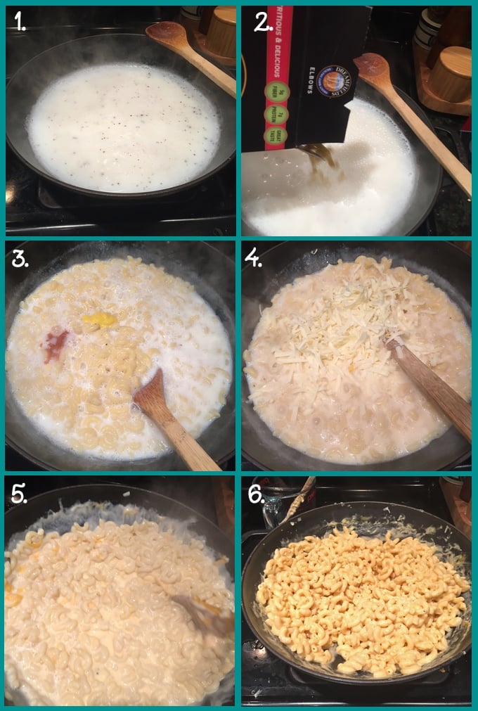 Creamy One-Pot Stovetop Macaroni and Cheese preparation collage. 1. Bring the water and milk to a boil; add salt and pepper. 2. Add the dried macaroni; simmer, uncovered for 10 minutes (or according to package directions), until al dente. 3. Mix in mustard and hot sauce. 4. Stir in the American cheese. 5 Remove pot from the heat and mix in the cheddar cheese; lid the pot and let sit for 3 minutes. 6. Stir well and serve.