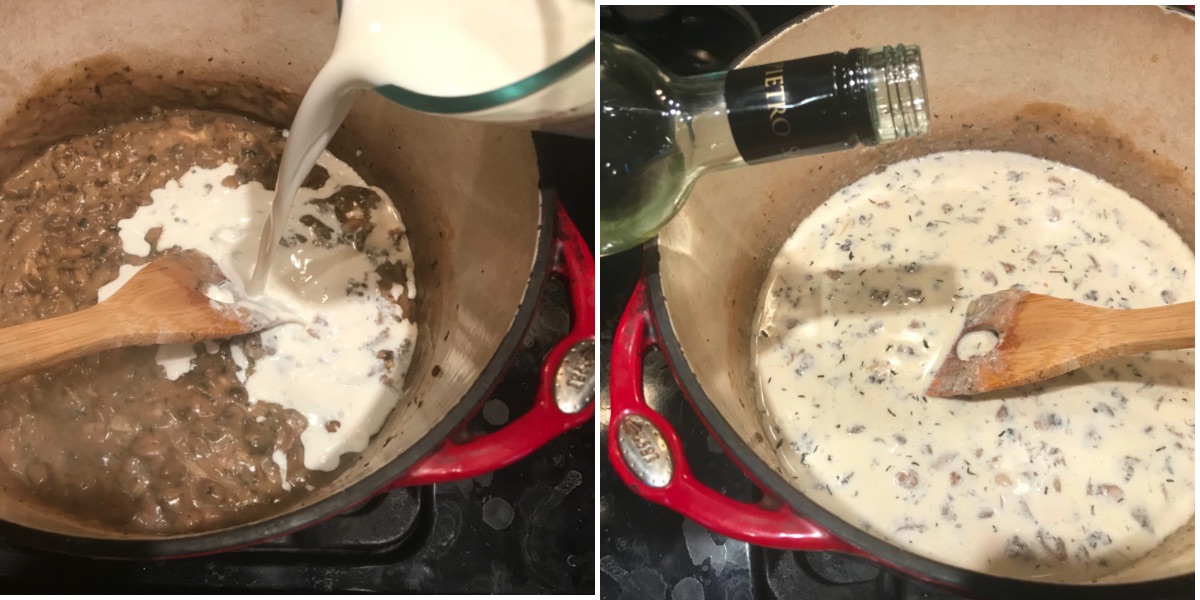 Adding cream (left) and (wine) right to the sauce.