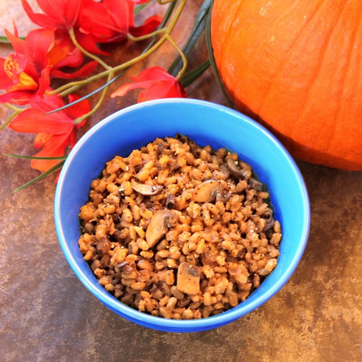 Top view of a blue bowl filled with double-mushroom barley pilaf. The bowl is sitting in front of a pumpkin and a bunch of red flowers.