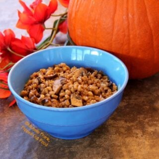 Side view of a blue bowl filled with double-mushroom barley pilaf. The bowl is sitting in front of a pumpkin and a bunch of red flowers.