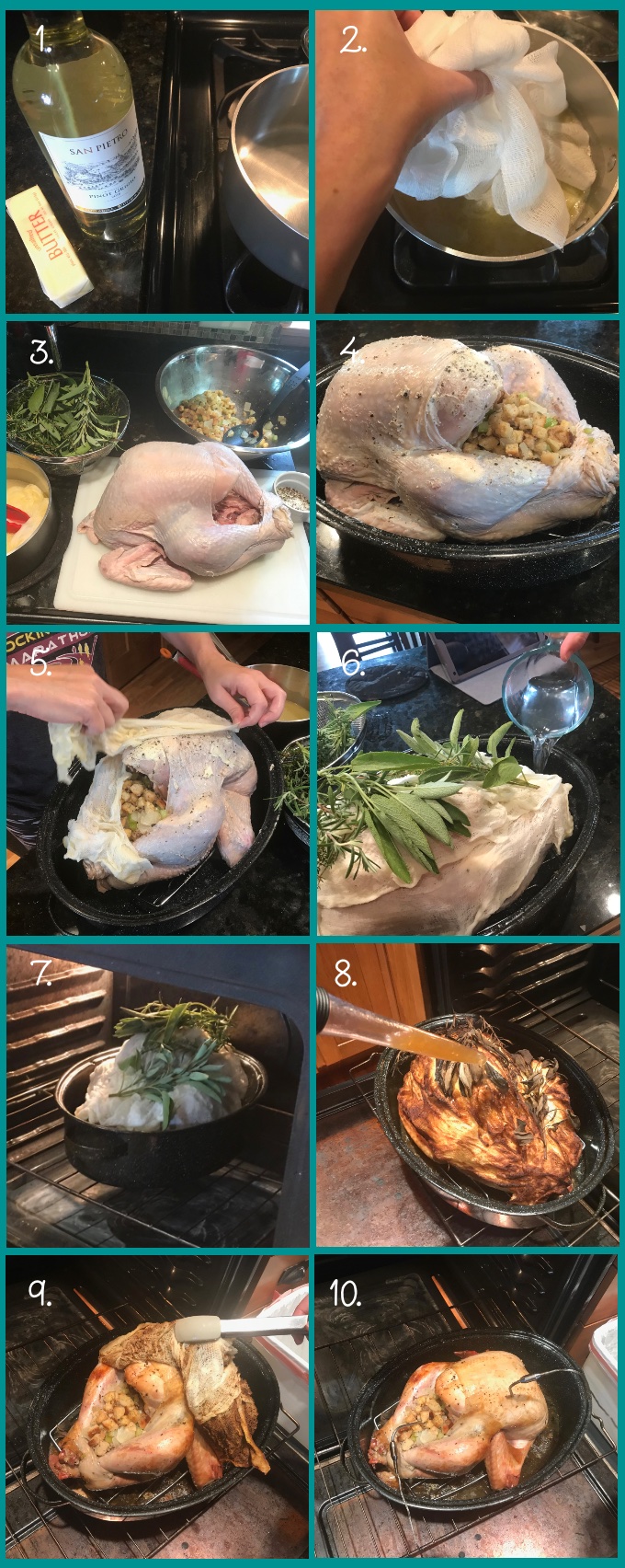 How to make Ultimate Classic Roast Turkey: 1. Make wine and butter mixture. 2. Add a cheesecloth to the mixture and let cool. 3. Prep the turkey by rubbing with butter, salt, and pepper. 4. Stuff the turkey. 5. Wring out the cheesecloth and drape over the turkey. 6. Pile fresh herbs on top of the cheesecloth and pour water in the roasting pan so you have ½ inch on the bottom. 7. Put the turkey in a 450º F oven; roast 30 minutes. 8. Baste with wine mixture and reduce heat to 350º F. Continue roasting for 2.5 hours, basting every half hour with the wine mixture or pan juices. 9. Remove the cheesecloth and herbs; discard. 10. Insert probes of a digital thermometer into the center of the stuffing and either a thigh or a breast. Continue roasting until the breast and stuffing reach 165º F and the thigh registers 180º F.