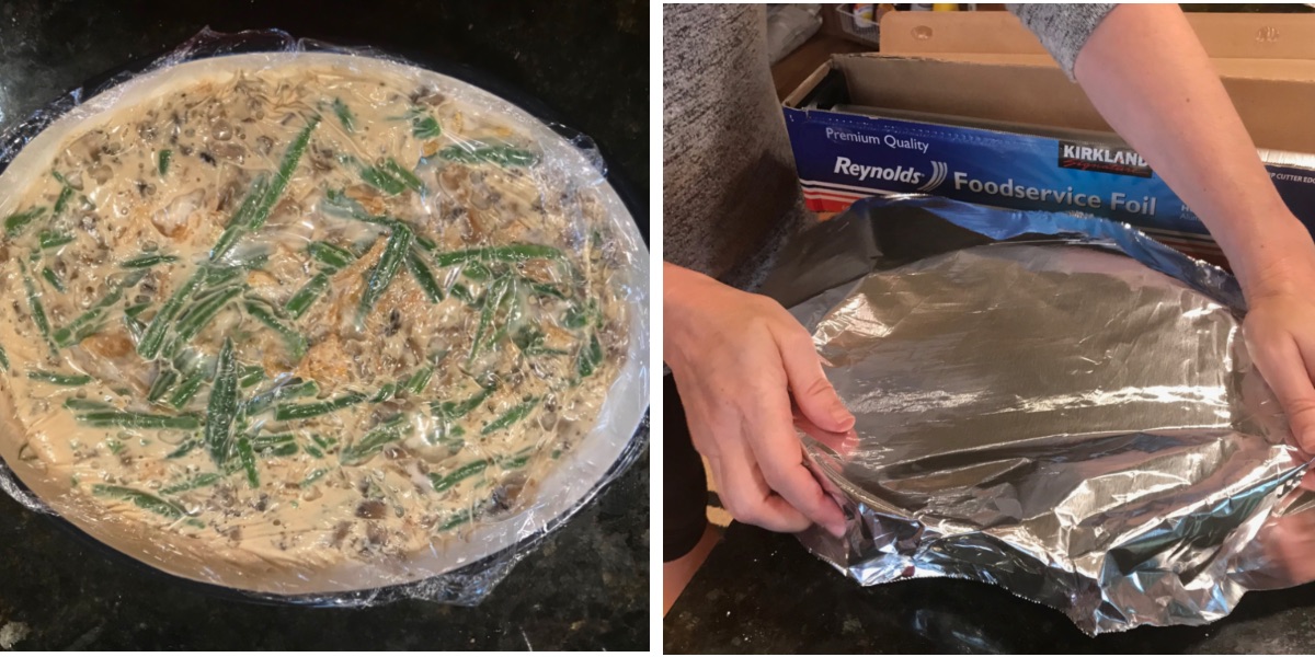 green bean casserole with plastic wrap on top then another image showing it wrapped in tinfoil.