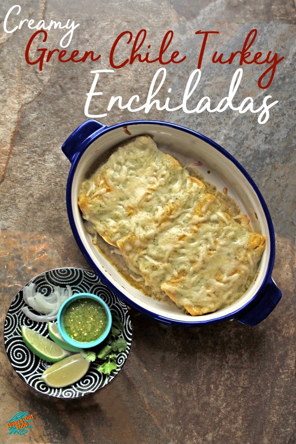 Creamy Green Chile Turkey Enchiladas are a delicious way to use up your roast turkey or chicken leftovers. Meal-prep the vegetables and garnishes. The sauce can be made in advance. Assembling the enchiladas is a fun activity to do with kids, or with your