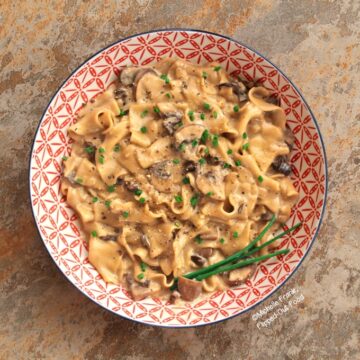 A serving of One-Pot Vegan Mushroom Stroganoff in a decorative red and white bowl with a blue rim. The stroganoff is sprinkled with sliced chives and freshly ground black pepper, with a sprig of chives for decoration.