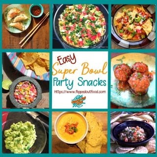 A roundup of my favorite easy Super Bowl party snacks, showing (clockwise from upper left): Pork-Shrimp Wontons with Soy-Ginger Dipping Sauce, Phil's Taco Dip, Perfect Loaded Nachos, Sweet and Zingy Asian Meatballs, Pico de Gallo, Feisty Chile con Queso Dip, Cutting-Board Guacamole, and Fiery Mango-Habanero Salsa.