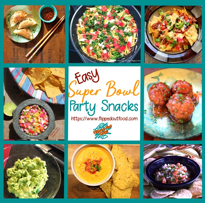 A roundup of my favorite easy Super Bowl party snacks, showing (clockwise from upper left): Pork-Shrimp Wontons with Soy-Ginger Dipping Sauce, Phil's Taco Dip, Perfect Loaded Nachos, Sweet and Zingy Asian Meatballs, Pico de Gallo, Feisty Chile con Queso Dip, Cutting-Board Guacamole, and Fiery Mango-Habanero Salsa.