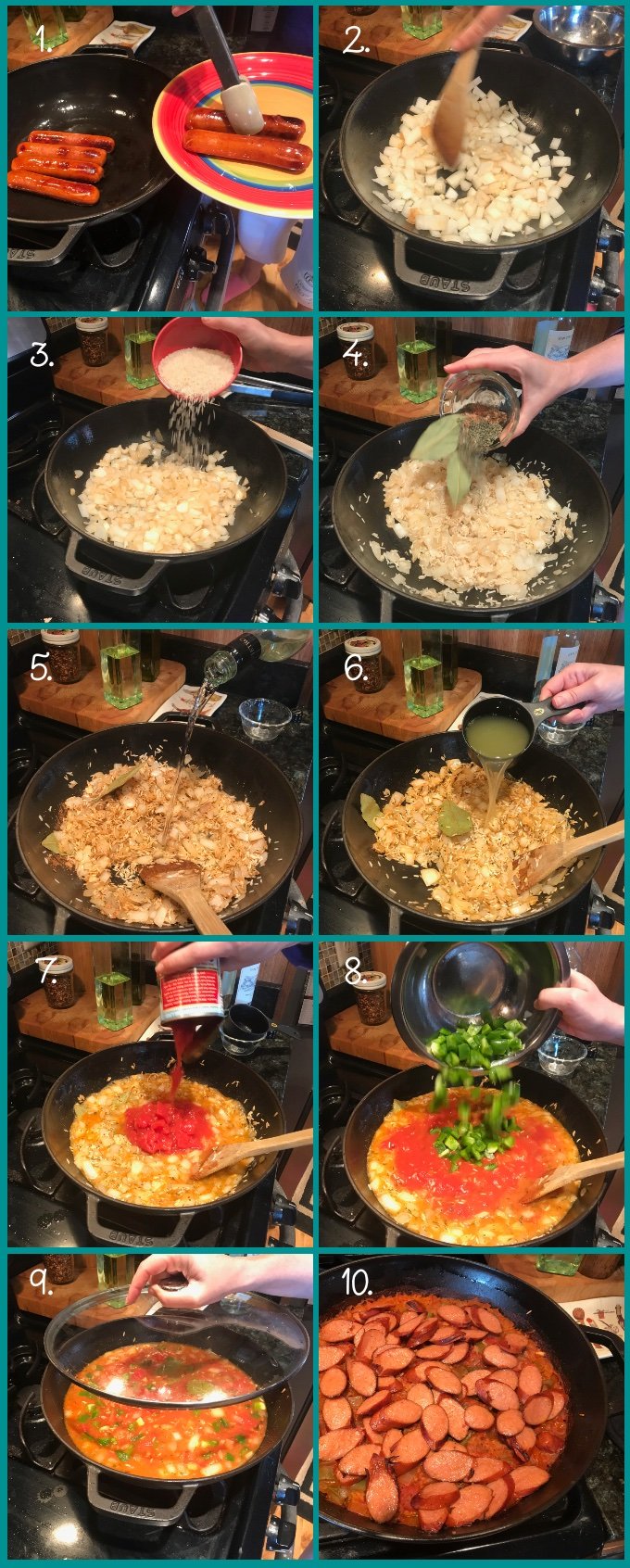 How to make Cajun Sausage-Rice Skillet: (1) Brown the sausages and remove to a plate. (2) Saute the onions until translucent, then (3) add the rice; saute for 2 minutes. (4) Add the herbs and spices; saute for an additional minute. (5) Add the wine over high heat; reduce for 1 minute. (6) Add the chicken broth, followed by the (7) tomatoes and tomato sauce, and finally (8) the bell peppers. (9) Mix, lid, and bake in a 375º oven, undisturbed, for 30 minutes. (9) Remove lid and add sausage; continue baking 10 minutes (uncovered), or until rice is tender. 