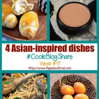 4 Asian-Inspired Dishes and #CookBlogShare week #17. The 4 Asian-Inspired Dishes are: 1. Filipino Cheese Bread Rolls from The Not So Creative Cook, 2. All-Purpose Sambal Dipping Sauce from Simple Gluten-Free Kitchen, 3. Udon Noodles, Beef & Shiitake Mushrooms from Easy Peasy Lemon Squeezy, and 4. Soy-Miso Marinated Ramen Eggs from yours truly at Flipped-Out Food.
