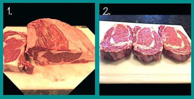 Cutting steaks from a standing rib roast for Grilled Ribeye Steaks with Caramelized Onions and Mushrooms