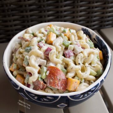 Creamy Pasta Salad in a blue and white bowl.
