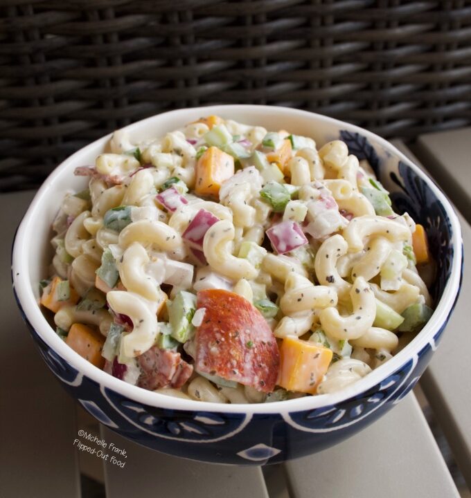 Creamy Pasta Salad in a blue and white bowl.
